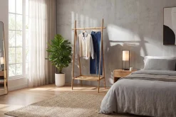 Massivholz Garderobe ZEN-BO 160cm natur Bambus Kleiderstange mit Ablage