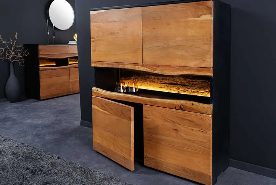 Massivholz Highboard GRAND ACACIA 120cm braun Akazie mit LED-Beleuchtung Baumkante