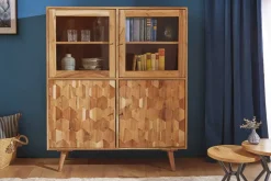 Massivholz Highboard MYSTIC LIVING 140cm Akazie natur Vitrine 3D-Oberfläche