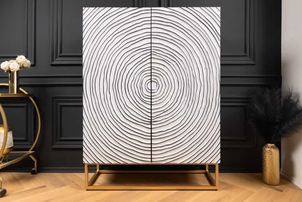 Massivholz Highboard ZEN CIRCLES 120cm weiß schwarz Mangoholz 3D-Design Metall gold
