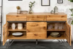 Massivholz Sideboard LIVING EDGE 160cm Wildeiche Metall schwarz Baumkante mit Schubladen