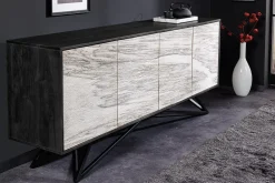 Massivholz Sideboard MOUNTAIN SOUL 175cm weiß schwarz Akazie echter Naturstein