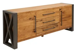 Massivholz Sideboard THOR 200cm mit Schubladen natur Wildeiche geölt Metall schwarz