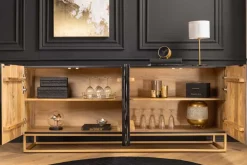 Massivholz Sideboard VULCANO 180cm weiß schwarz Mangoholz mit 3D Schnitzereien handmade Metallgestell gold