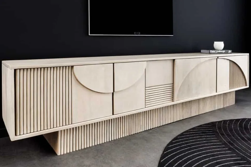 Massivholz TV-Lowboard ART DECO 200cm weiß gekälkt Mangoholz 3D-Front