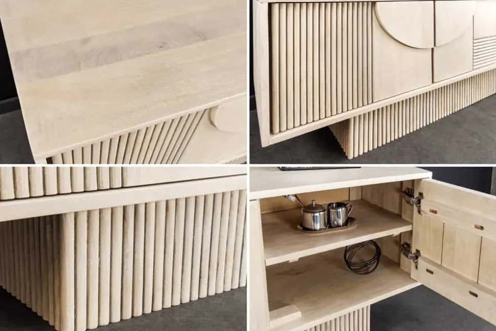 Massivholz TV-Lowboard ART DECO 200cm weiß gekälkt Mangoholz 3D-Front