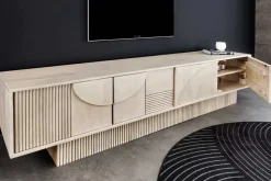 Massivholz TV-Lowboard ART DECO 200cm weiß gekälkt Mangoholz 3D-Front