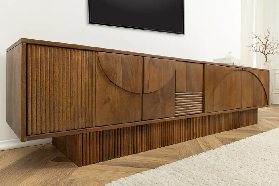 Massivholz TV-Lowboard ART DECO 200cm braun smoked Mangoholz 3D-Front