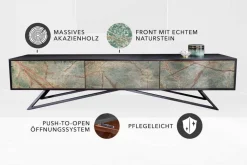 Massivholz TV Lowboard MOUNTAIN SOUL 200cm echter Naturstein Akazie schwarz hängend / stehend