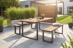 Moderne Outdoor Sitzbank TAMPA LOUNGE 125cm grau natur Aluminium Metall Holz-Design wetterfest