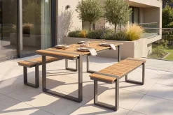 Moderne Outdoor Sitzbank TAMPA LOUNGE 125cm grau natur Aluminium Metall Holz-Design wetterfest