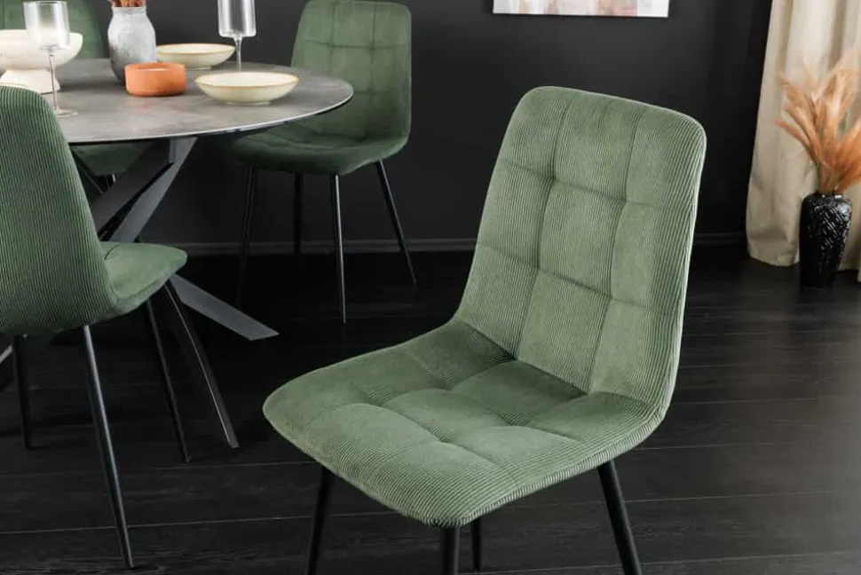 Moderner Design Stuhl TRES CHIC grün Cord schwarze Metallbeine Esszimmer