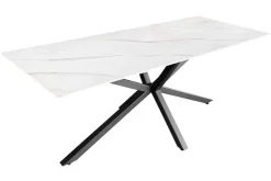Moderner Esstisch GALAXIE 160cm weiß Keramik Marmor-Design glänzend Metallgestell schwarz