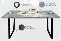 Moderner Esstisch LOFT 160cm grau Beton-Design schwarze Metallbeine Kufengestell Industrial