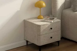 Moderner Nachttisch ART DECO 45cm greige Bouclé mit Schubladen schwarz Metall