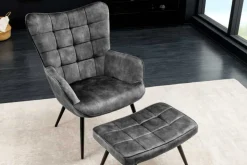 Moderner Sessel SCANDINAVIA grau Samt schwarze Metallbeine mit Armlehnen