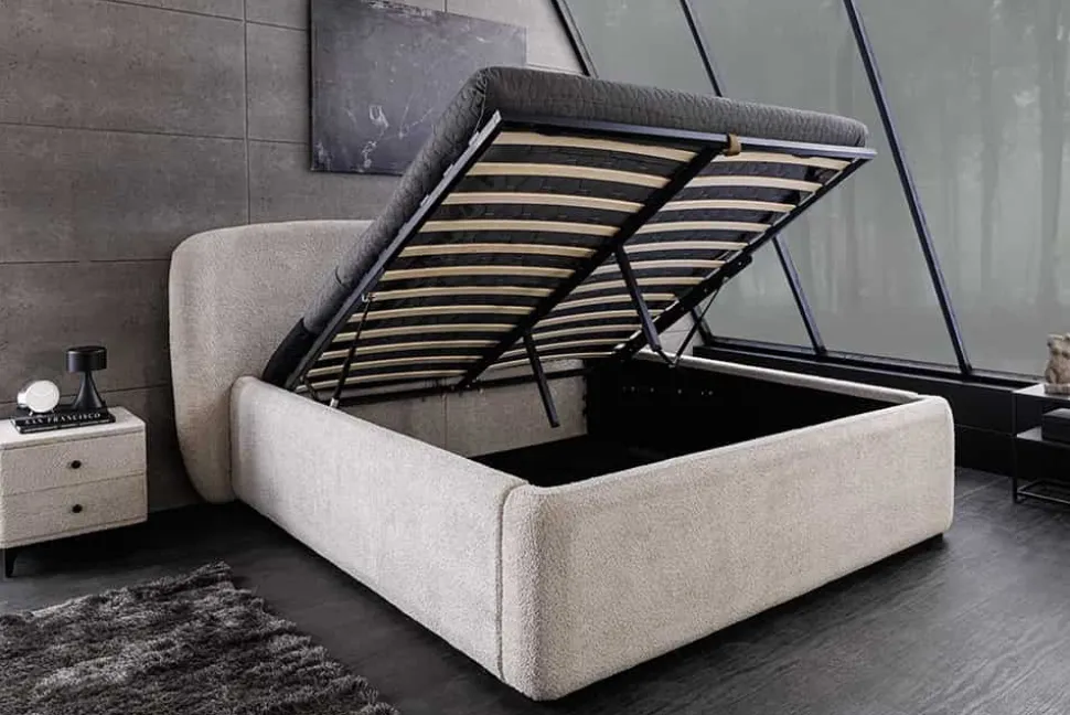 Modernes Boxbett ART DECO 160x200cm greige Bouclé mit Stauraum und Lattenrost