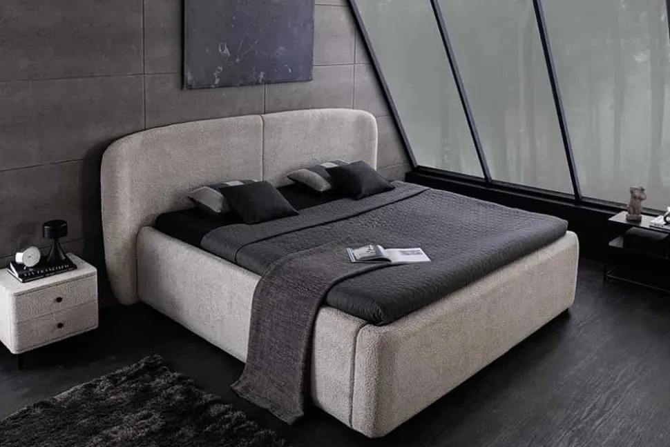 Modernes Boxbett ART DECO 160x200cm greige Bouclé mit Stauraum und Lattenrost