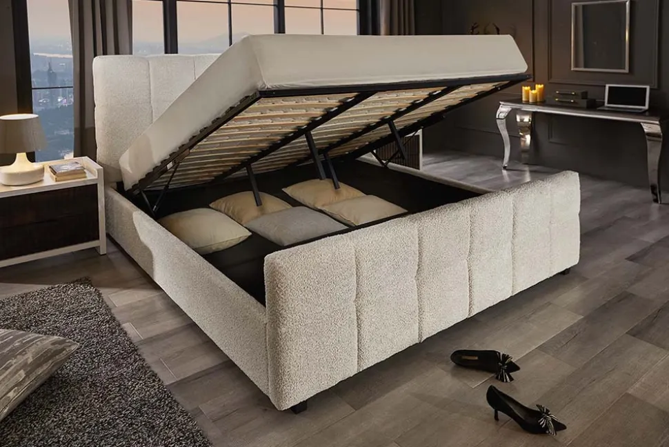 Modernes Boxbett PRESTIGE 160x200cm creme Bouclè mit Stauraum und Lattenrost