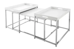 Modernes Couchtisch 3er Set ELEMENTS 75cm weiß Chrom abnehmbares Tablett