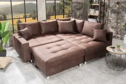 Modernes Ecksofa KENT 220cm braun Federkern Wohnlandschaft inkl. Hocker und Kissen