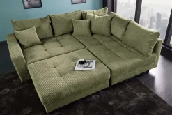 Modernes Ecksofa KENT 220cm grün Cord inkl. Hocker Federkern L-Form Wohnlandschaft