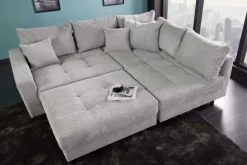Modernes Ecksofa KENT 220cm hellgrau Cord inkl. Hocker Federkern L-Form Wohnlandschaft