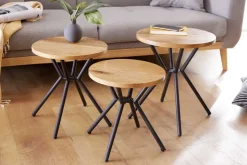 Modernes 3er Set Beistelltische FACTORY 40cm natur Wildeiche Massivholz rund schwarz Metall