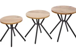 Modernes 3er Set Beistelltische FACTORY 40cm natur Wildeiche Massivholz rund schwarz Metall