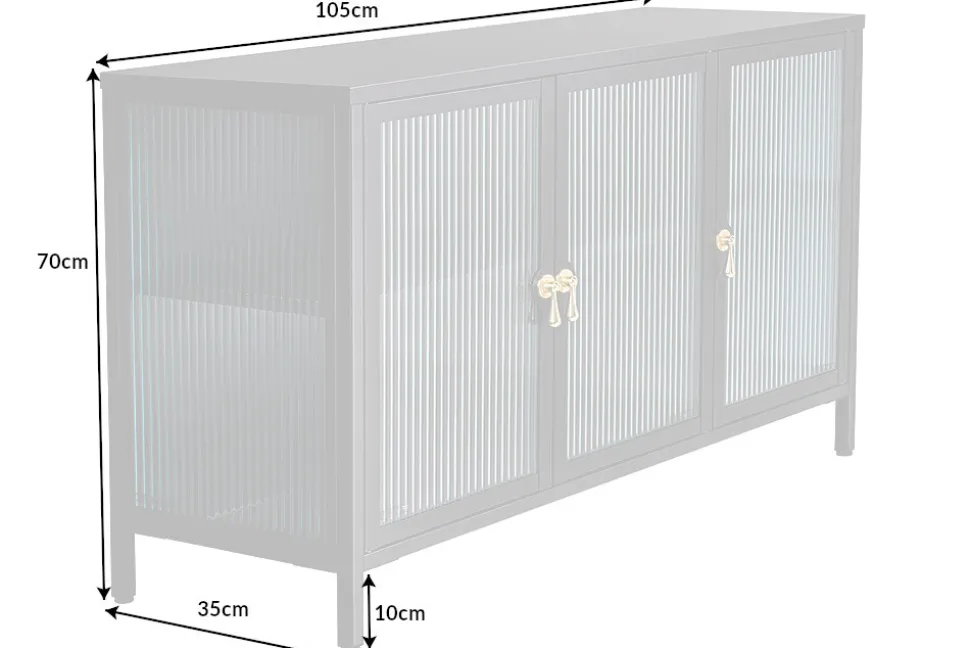 Modernes Sideboard AMSTERDAM 105cm schwarz gold Riffelglas Metall Vitrine Schrank