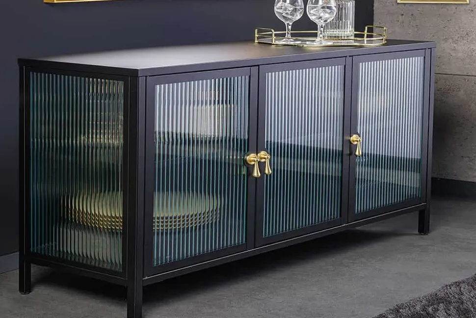 Modernes Sideboard AMSTERDAM 105cm schwarz gold Riffelglas Metall Vitrine Schrank