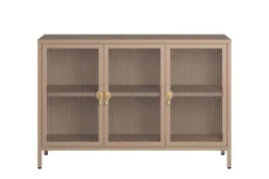 Modernes Sideboard AMSTERDAM 105cm greige gold Riffelglas Metall Vitrine Schrank