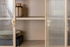Modernes Sideboard AMSTERDAM 105cm greige gold Riffelglas Metall Vitrine Schrank
