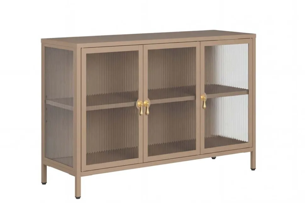 Modernes Sideboard AMSTERDAM 105cm greige gold Riffelglas Metall Vitrine Schrank