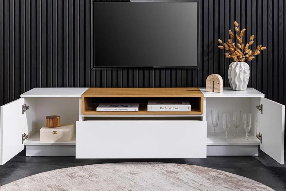 Modernes TV-Board LOFT 160cm weiß natur drei Fächer mit Schublade