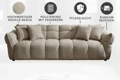 Modernes XXL Sofa CLOUD 260cm champagner greige Bouclé Bigsofa Federkern inkl. Kissen