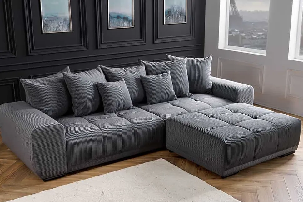 Modernes XXL Sofa ELEGANCIA 285cm anthrazit Cord inklusive Kissen Bigsofa