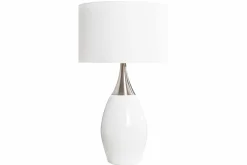 Moderne Tischlampe CARLA 60cm weiß silber mit Leinenschirm