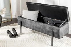 Moderne Truhenbank LOFT 100cm grau Samt Sitzbank mit Stauraum gespolstert schwarz Metall
