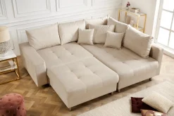 Moderne Wohnlandschaft KENT 220cm champagner beige Vogue Velours Samt Federkern mit Hocker