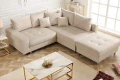 Moderne Wohnlandschaft KENT 220cm champagner beige Vogue Velours Samt Federkern mit Hocker