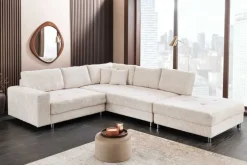 Moderne Wohnlandschaft KENT 220cm champagner beige Strickstoff Ecksofa inkl. Hocker
