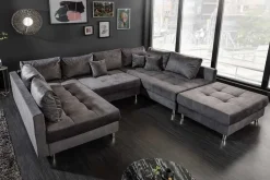 Moderne XXL Wohnlandschaft KENT 305cm grau Samt Bigsofa inkl. Hocker Federkern