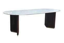 Ovaler Esstisch GATSBY 240cm braun gold Mangoholz weiße Marmorplatte V-Gestell