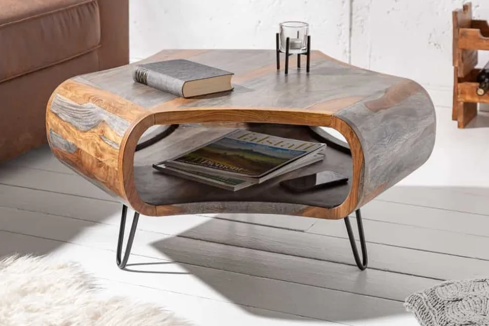 Retro Couchtisch ORGANIC LIVING 80cm grau smoke finish Sheesham Palisander Massivholz Hairpin Legs