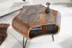 Retro Couchtisch ORGANIC LIVING 70cm grau Sheesham Massivholz mit Stauraum Hairpin Legs
