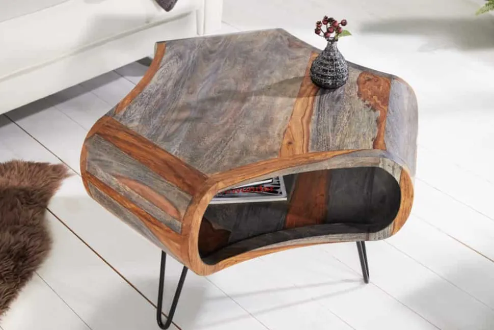 Retro Couchtisch ORGANIC LIVING 70cm grau Sheesham Massivholz mit Stauraum Hairpin Legs