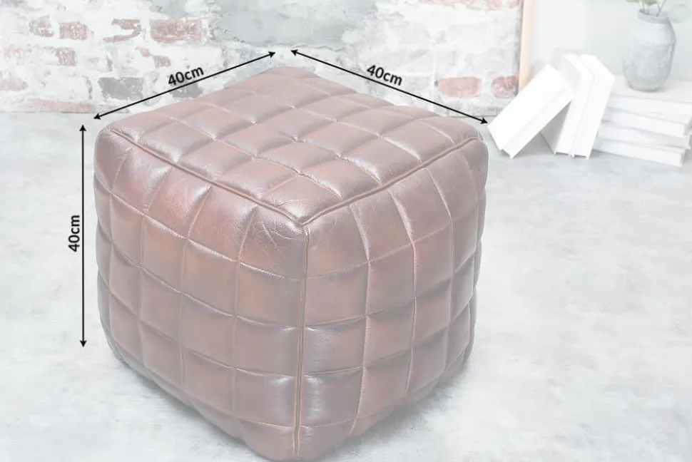 Retro Hocker RIDER 40cm braun Echtleder mit Ziersteppung