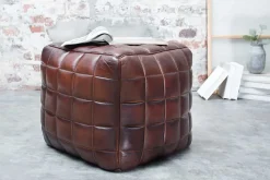 Retro Hocker RIDER 40cm braun Echtleder mit Ziersteppung