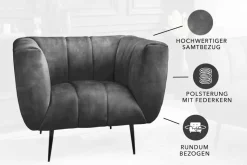 Retro Sessel NOBLESSE 105cm grau Samt schwarze Metallfüße Federkern Ziersteppung